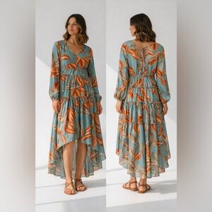 One The Land Boho Tropical Leaf High-Low Midi Dress Tie Back Teal/Orange